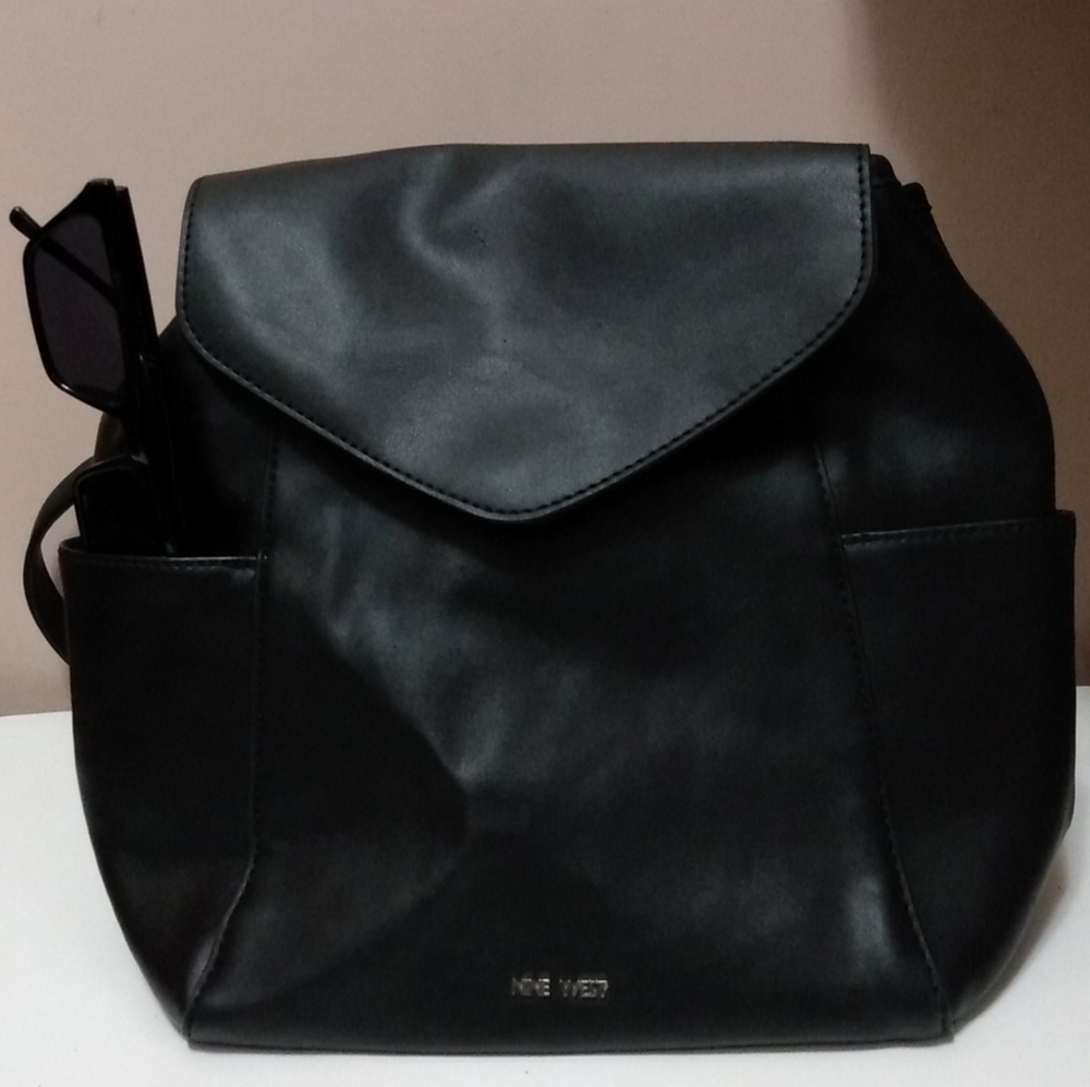 Nine West Mini Square Faux Leather Black Bookbag 90s Look